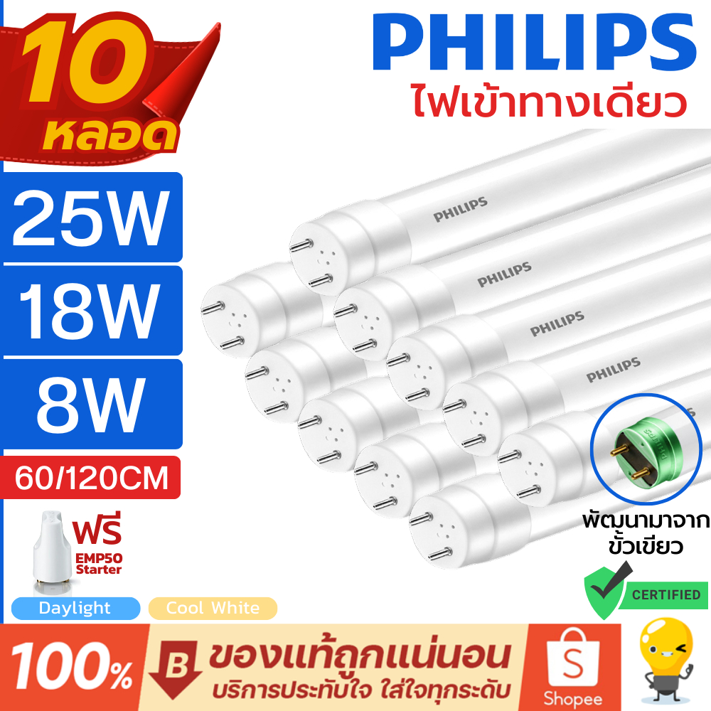 (แพ็ค10หลอด) Philips LED tube T8 รุ่น Ecofit HO 8w 18w 25w นีออน 600mm 1200mm Daylight ไฟทางเดียว