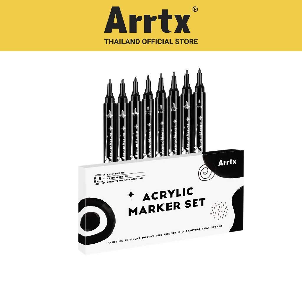 FOLIO ART : Arrtx ปากกาอะคริลิคมาร์คเกอร์ เซตสีดำ 8 แท่ง (Brush Tip+ Fine Tip) รหัส 94152