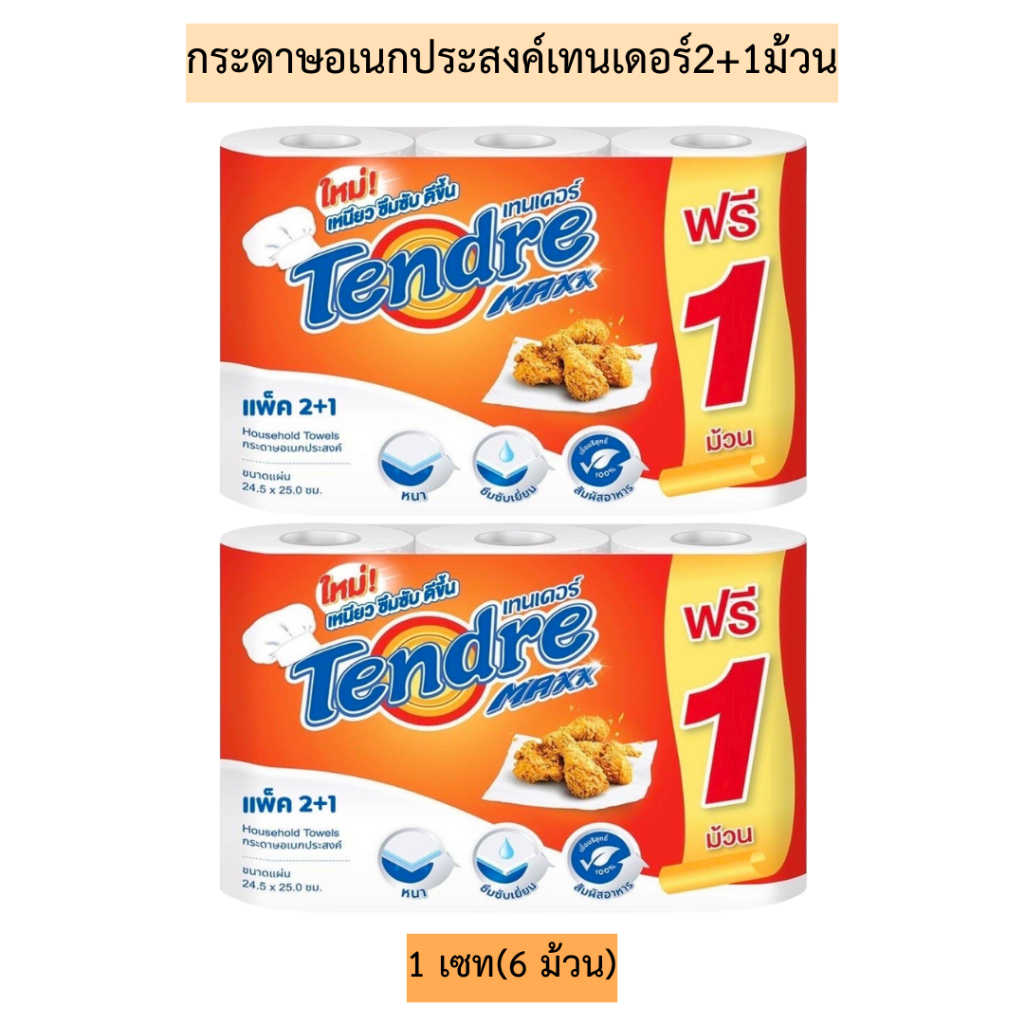 (เซท2แพค)กระดาษอเนกประสงค์เทนเดอร์2+1ม้วน💛 1เซท2แพคได้6ม้วนใหญ่ขนาด24.5x25ซม.