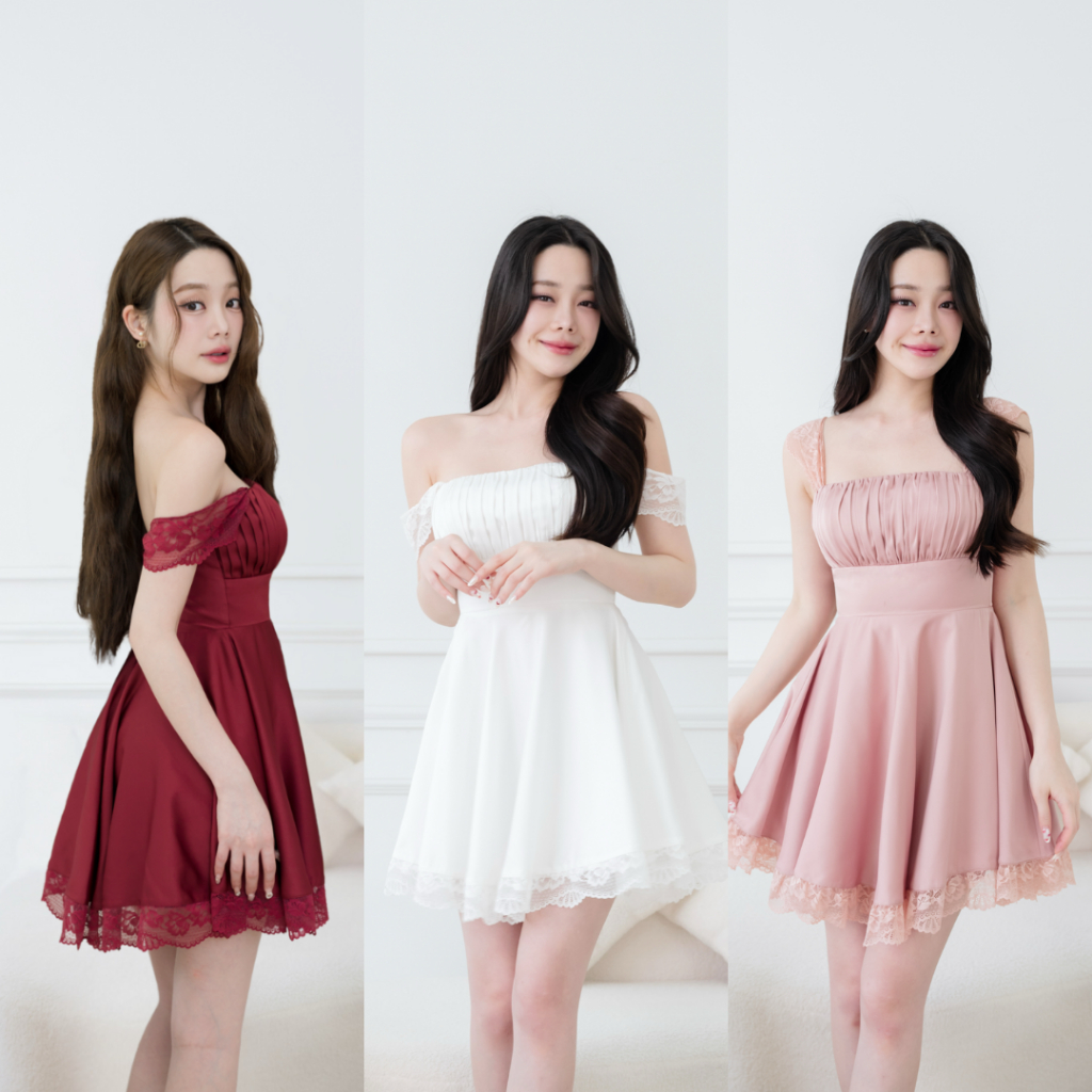 Pirunya - Mini Dress 39 เดรสสั้น มินิเดรส ซาติน จีบอก สายเดี่ยวลูกไม้ กระโปรงระบาย