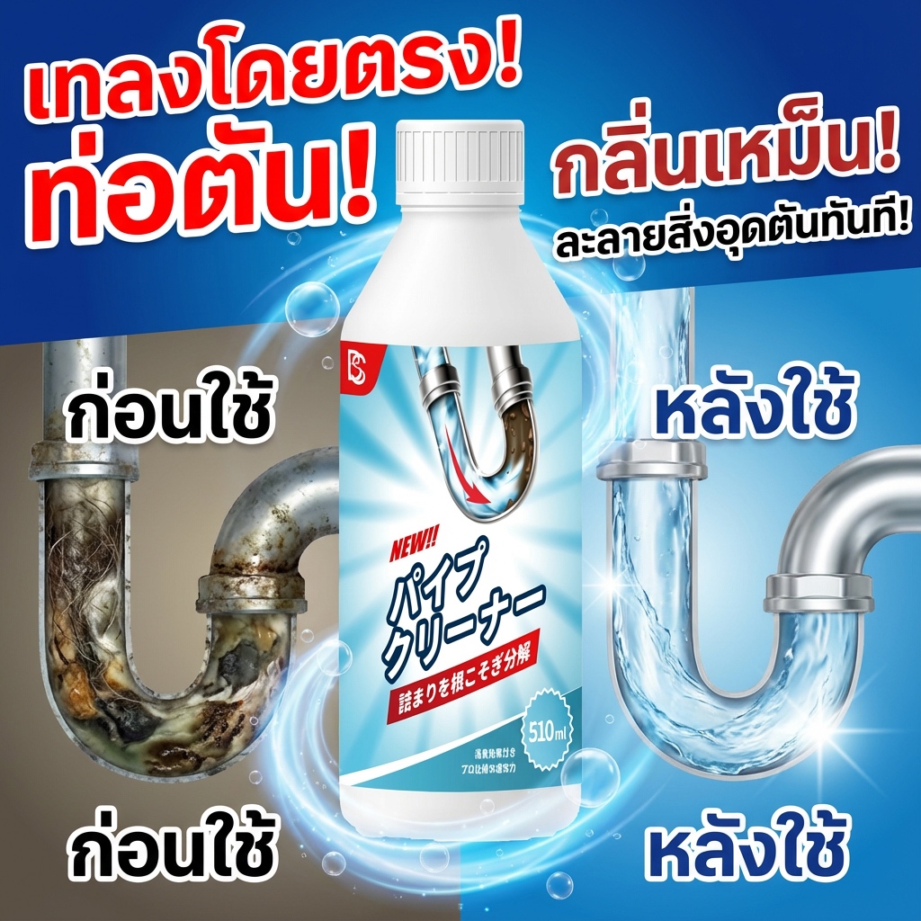 แก้ปัญหาท่อตันง่ายๆ TIA น้ำยาทะลวงท่อ น้ำยาท่อตัน น้ำยาล้างท่อตัน ขจัดท่อตัน 510ml