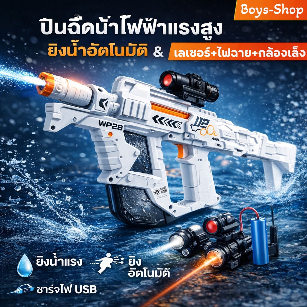 รุ่นใหม่2026 ปืนฉีดน้ําไฟฟ้า เลเซอร์+ไฟฉาย+กล้องเล็ง ยิงระยะไกลพิเศษ การต่อสู้ทางน้ำ สงกรานต์ต้องมี ใช้แบตเตอรี่ลิเธียม