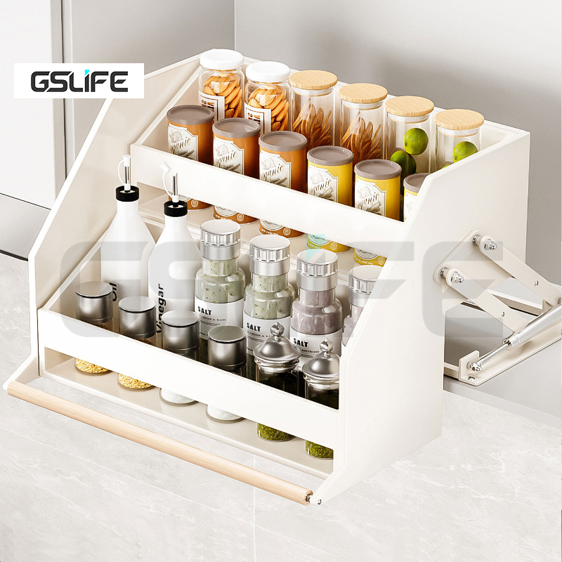 GSlife ชั้นวางของในครัวแบบดึงลง ความจุขนาดใหญ่ ระบบยกไฮดรอลิกและแกนค้ำคู่ ชั้นวางของในครัว
