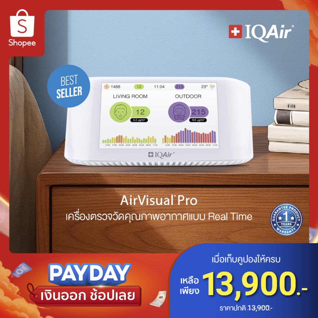 IQAir AirVisual Pro เครื่องตรวจวัดคุณภาพอากาศ แบบ Real Time - รับประกัน 1 ปี