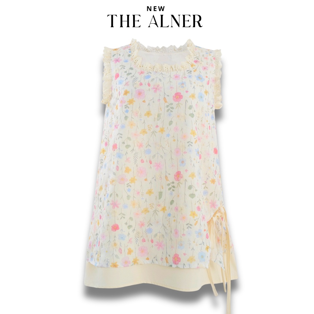 Thealner-AN637 (เซตเสื้อครีมแขนกุดลายดอกเล็กกางเกงขาสั้น)