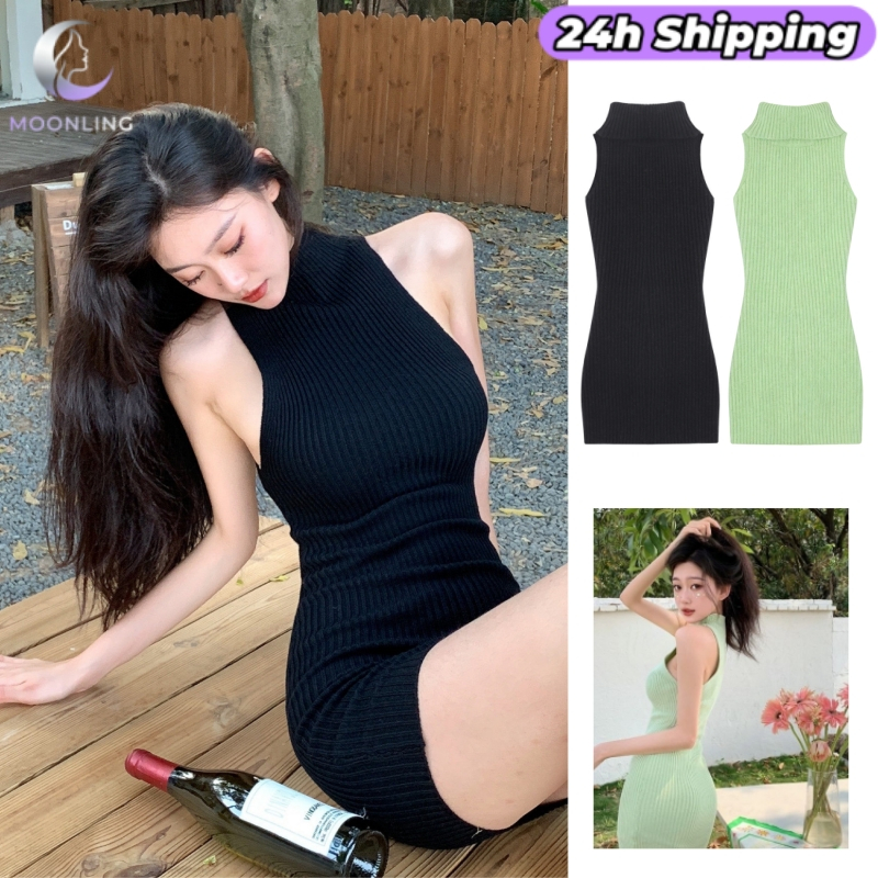 MOONLING พร้อมส่งจากไทย ชุดเดรสไหมพรม แขนกุดคอเต่าสีพื้น 28105-1