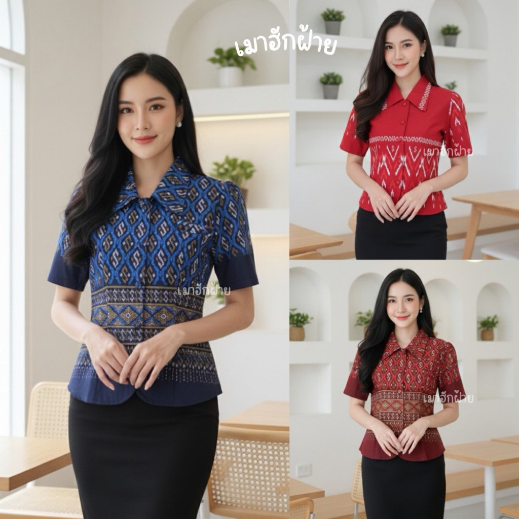 เสื้อผ้าฝ้าย ผู้หญิง  คอปก ผ้าฝ้ายพิมพ์ลาย ทรงสวย ผ้านิ่ม ใส่สบาย