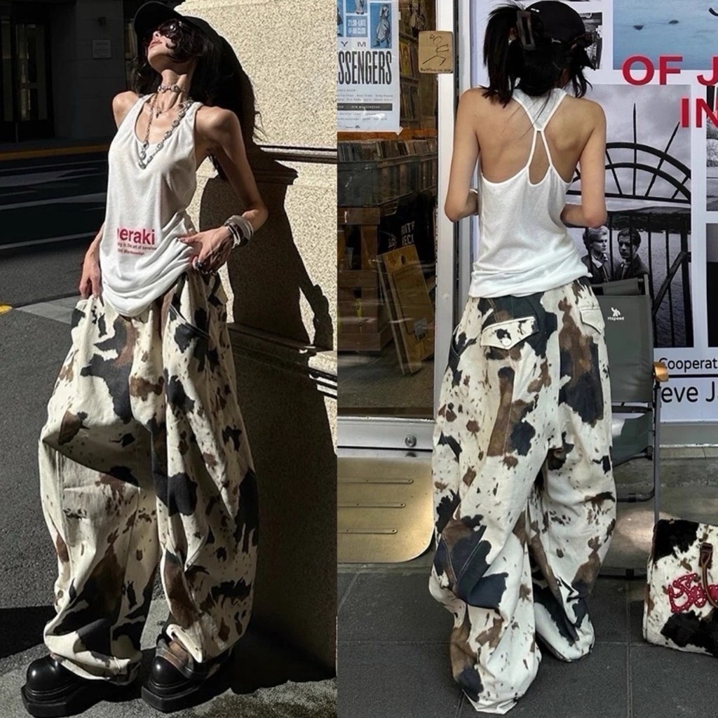 (พร้อมส่ง) Korea cow printed baggy กางเกงยีนส์ลายวัวทรงbaggyรุ่น 61966 TAG FSY 🇰🇷