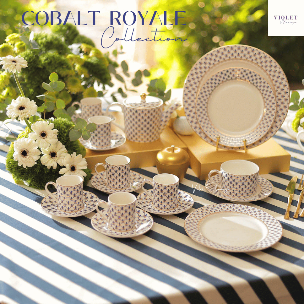 Violet Flamingo - Cobalt Royale Collection ชุดน้ำชา & จาน วัสดุ Bone China สไตล์ผู้ดียุโรป