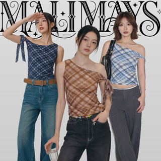MALIMAYS Scott Bow Top/one shoulder top เสื้อลายสก็อตผูกโบว์…