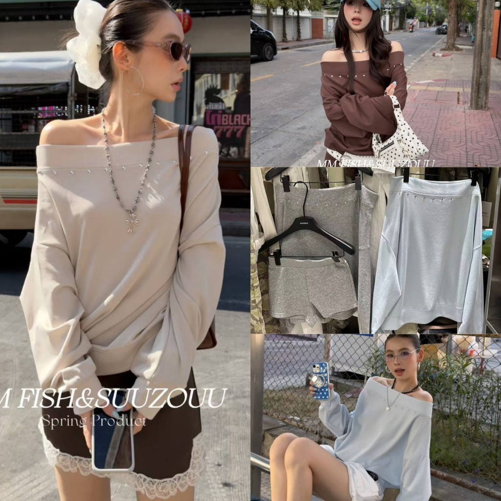 ❤ 🧵 🇰🇷 SU031 เสื้อปาดไหล่แขนยาว แต่งหมุด งานสวยเก๋ งานฮิตงานตามหามากๆค่า แฟชั่นเกาหลี TAG SUUZOU ✈