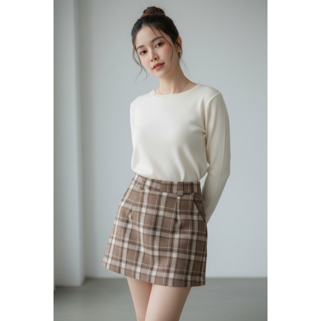 (รหัส BP911 ) กระโปรงลายสก็อตมีซับในกางเกงผ้านุ่มหนา