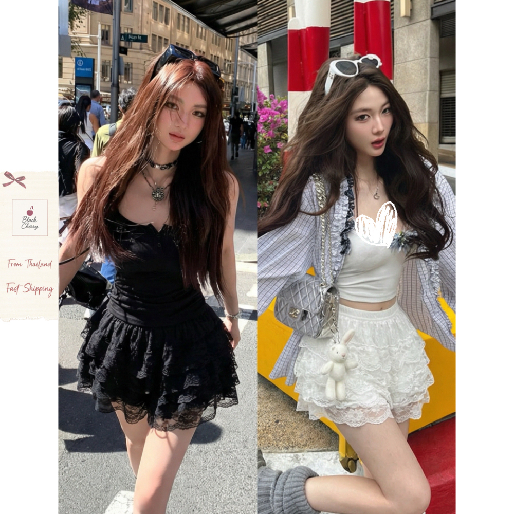 กางเกงขาสั้น ลายลูกไม้ สไตล์กระโปรงเค้ก เบา นุ่ม ใส่สบาย Sweet Lace Skirt Pants | Black Cherry
