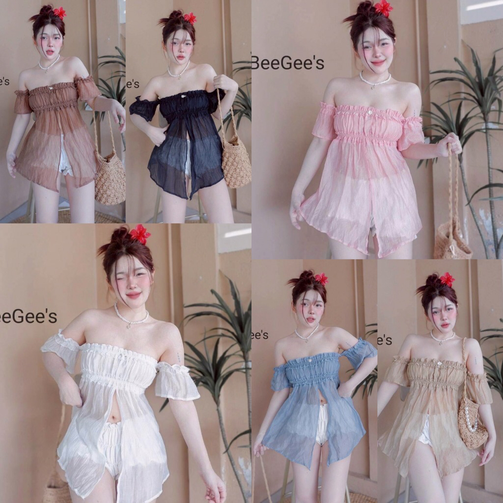 พร้อมส่ง เสื้อเกาะอก แต่งระบายแขน ผ้าโรซี่(ผ้าบาง)