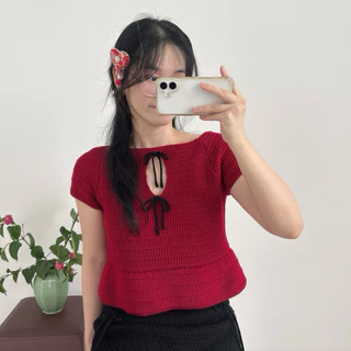 MOMOKA.KNIT🍑 เสื้อลายถักแขนสั้น ดีเทลโบว์🎀 Cute Knit Girl🌷