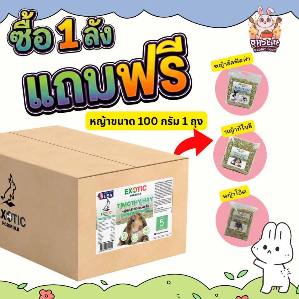 โปรสุดคุ้ม! ซื้อหญ้า Timothy Hay EXOTIC FORMULA ขนาด 5 kg (อบลมร้อน พรีเมี่ยมเกรด คัดสั้น) 1 ลัง แถมฟรี 100 กรัม 1 กรัม