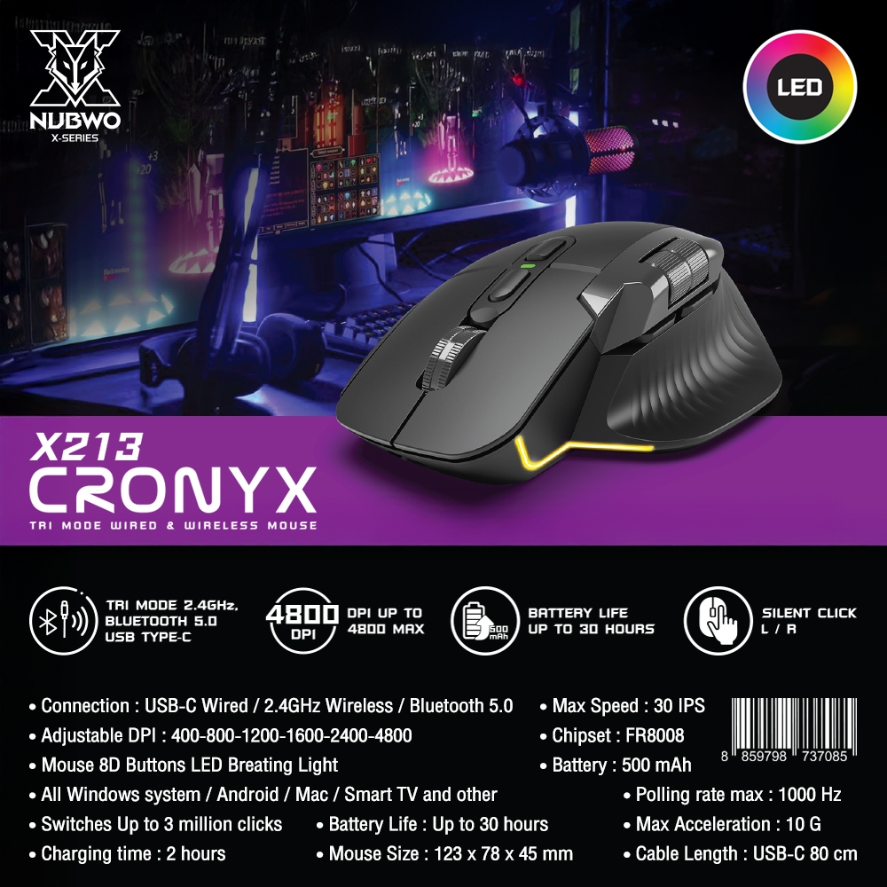 Nubwo Gaming Mouse X213 CRONYX Tri-Mode 2.4GHz Wireless/Bluetooth 5.0/USB Type-C เหมาะสำหรับสายเกมมิ