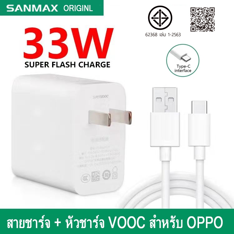 sanmax 33W หัวชาร์จ เร็ว VOOC+ สายชาร์จ เร็ว Typec 33w (ประกันครึ่งปี) สำหรับ oppo reno  iqoo realme