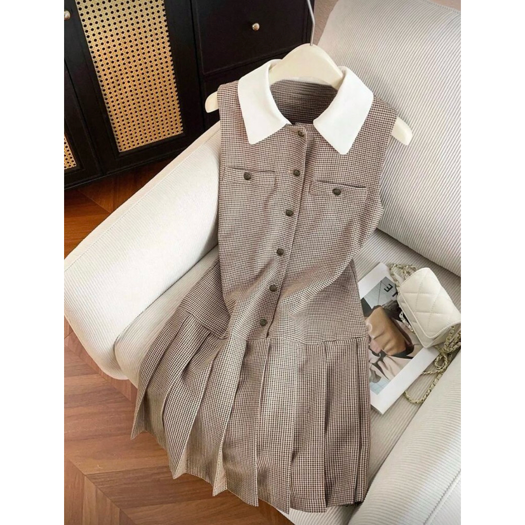 PIMWAเดรสแขนกุดติดกระดุมคอพลีท สไตล์ฝรั่งเศสสำหรับผู้หญิง