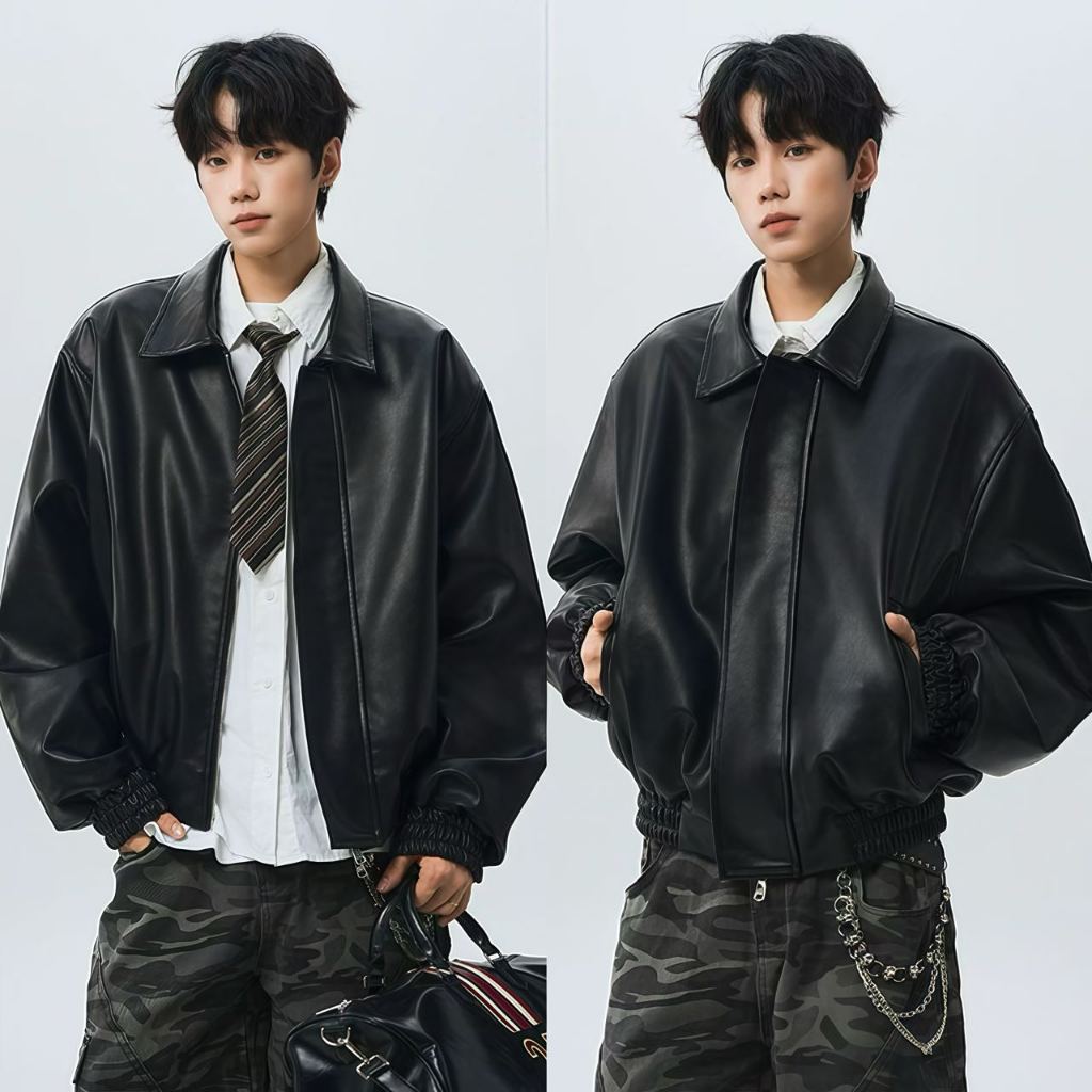 เสื้อแจ็คเก็ตหนัง PU หรูหราสําหรับผู้ชาย อเมริกันเรโทร แจ็คเก็ตหนังฤดูใบไม้ร่วง เกาหลี เสื้อแขนยาวระดับไฮเอนด์ แจ็คเก็ต