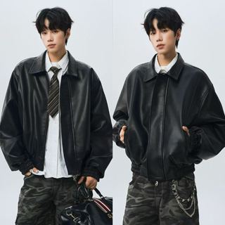 เสื้อแจ็คเก็ตหนัง PU หรูหราสําหรับผู้ชาย อเมริกันเรโทร แจ็คเ…