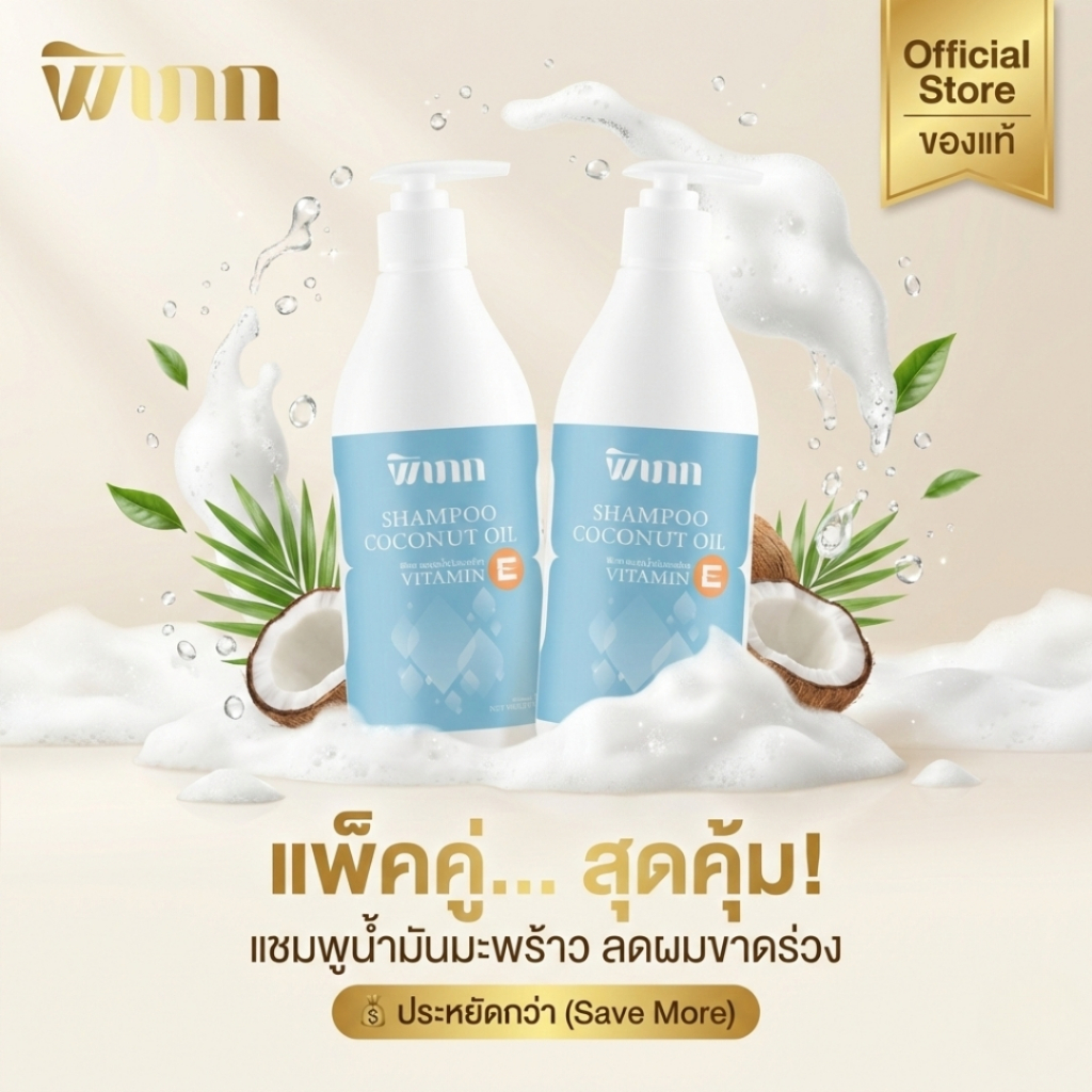 พิเภก แชมพูมะพร้าว [แพ็คคู่] ลดผมขาดร่วง ขจัดความมัน ฟื้นบำรุงโคนผมแข็งแรง