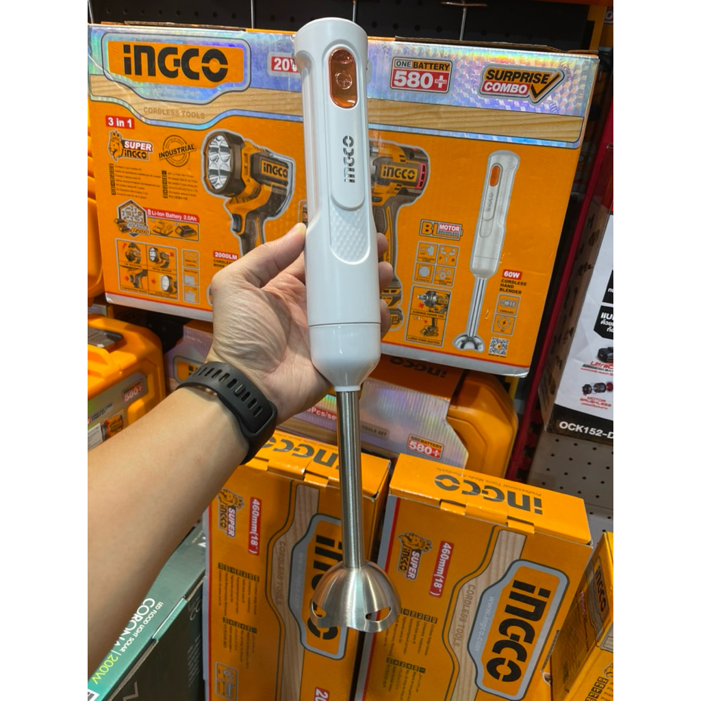 เครื่องปั่นมือถือไร้สาย (Hand Blender) ยี่ห้อ Ingco กำลังไฟ 60W แรงดันไฟฟ้า DC 7.4V ความจุแบตเตอรี่ 1500mAh