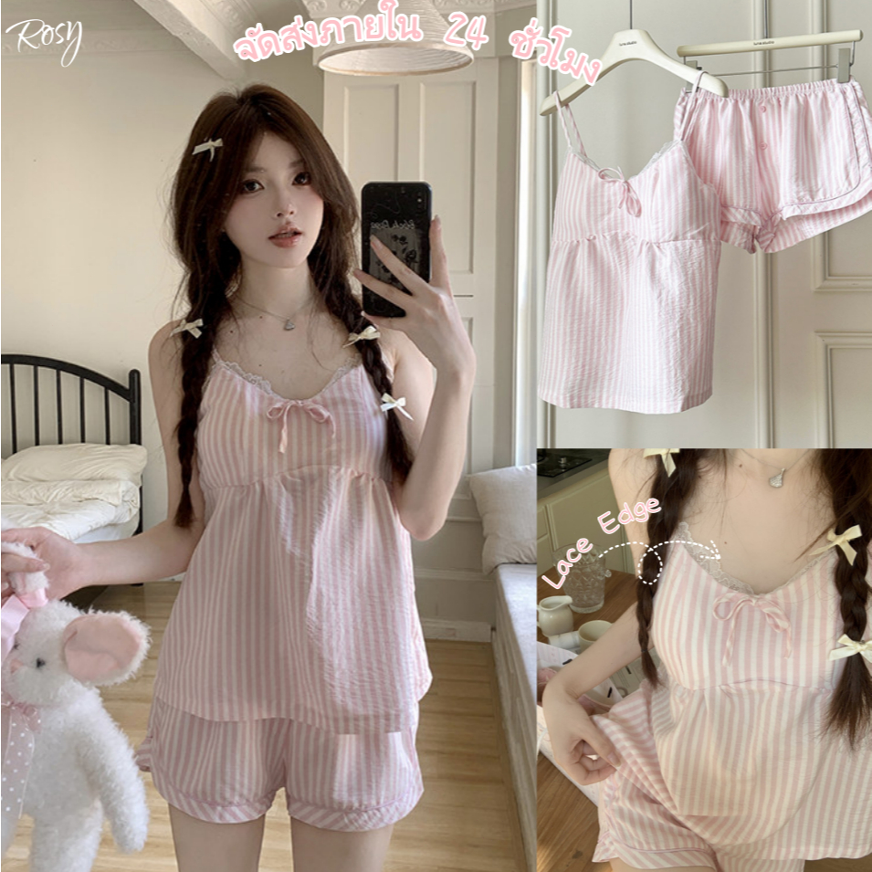 ✨Rosy✨ชุดนอนสายเดียว ชุดนอนขาสั้น เสื้อสายเดี่ยว+กางเกงขาสั้น รูปแบบลาย สบายและระบายอากาศได้