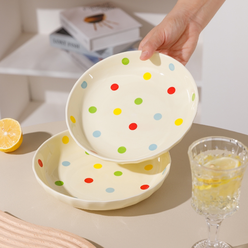 ถาดใส่เครื่องยํา fancy restaurant plates เซรามิค แผ่นดิสก์ ลายจุด ลวดลาย จาน เข้าไมโครเวฟได้