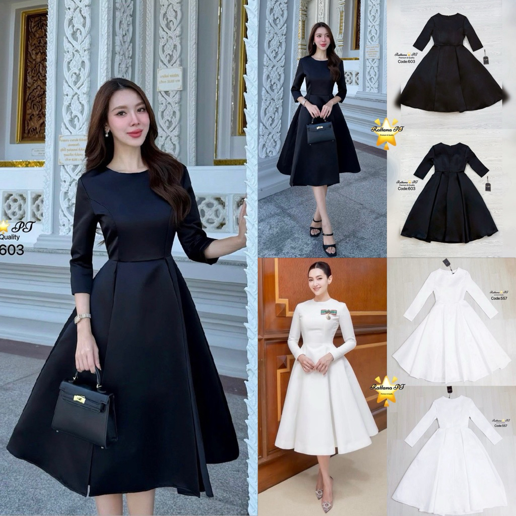 Code : 557 เดรสแขนยาวสีดำ เดรสเรียบหรูดูแพง งานป้าย Rattana