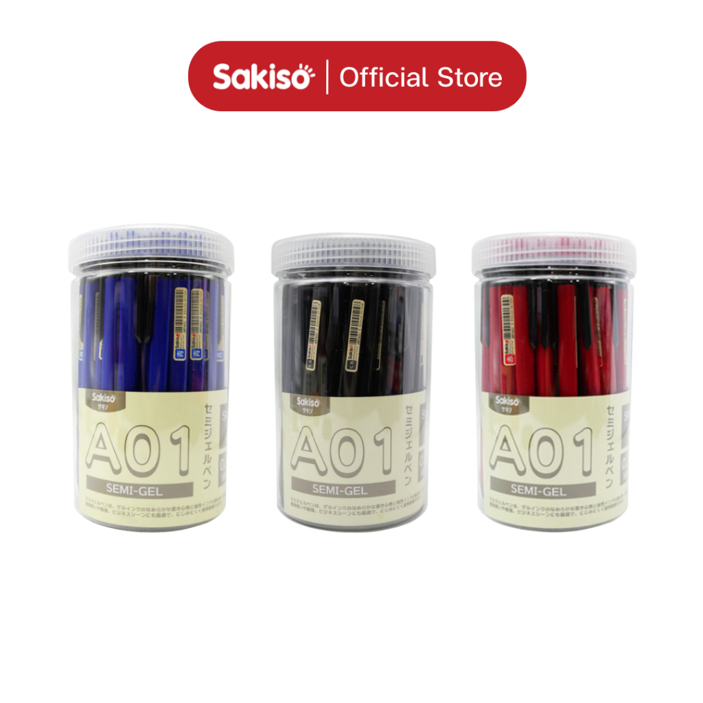 Sakiso ปากกาหมึกน้ำมัน A01 Semi-Gel Pen หัว 0.7 mm. ยกกระปุก 50 ด้าม