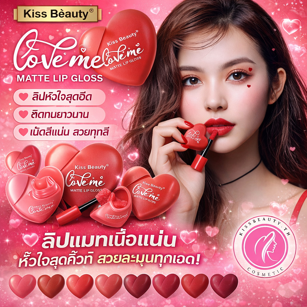 Kiss Beauty LoveMe Matte Lip Gloss ลิปหัวใจสุดฮิต แพคเกจสุดคิ้วท์ เนื้อแมท เม็ดสีแน่น มีถึง 6 สี