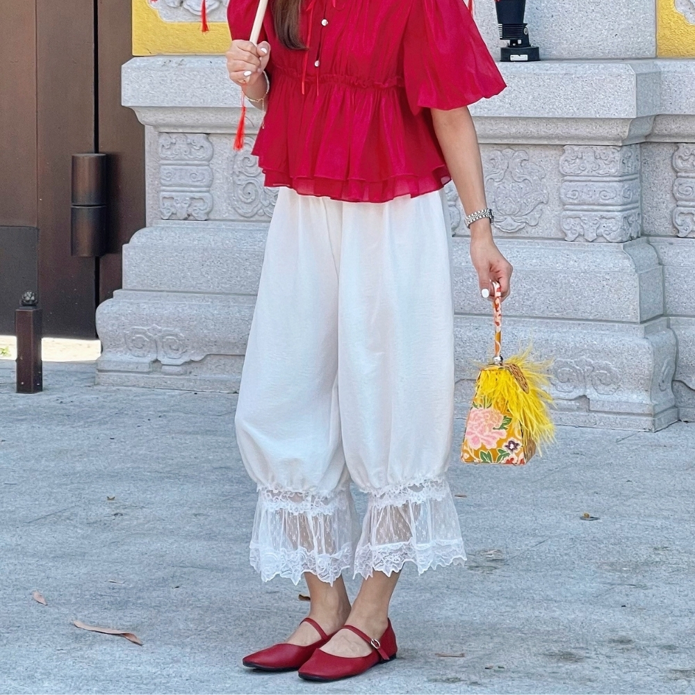 (S-L) มีซับในกางเกง CHAWY Jinnie Lace Pants C4789 – กางเกงจินนี่ปลายลูกไม้ เอวยางยืด ใส่สบาย