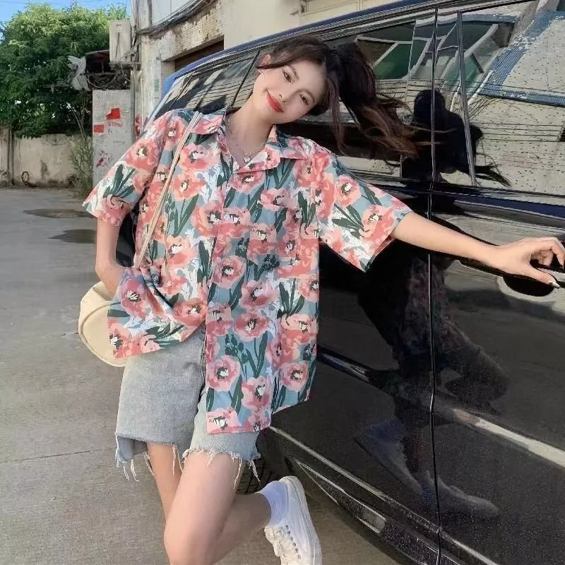 เสื้อเชิ้ตฮาวายแขนสั้น ลายดอกสีฟ้าดอกชมพู thumbnail 5