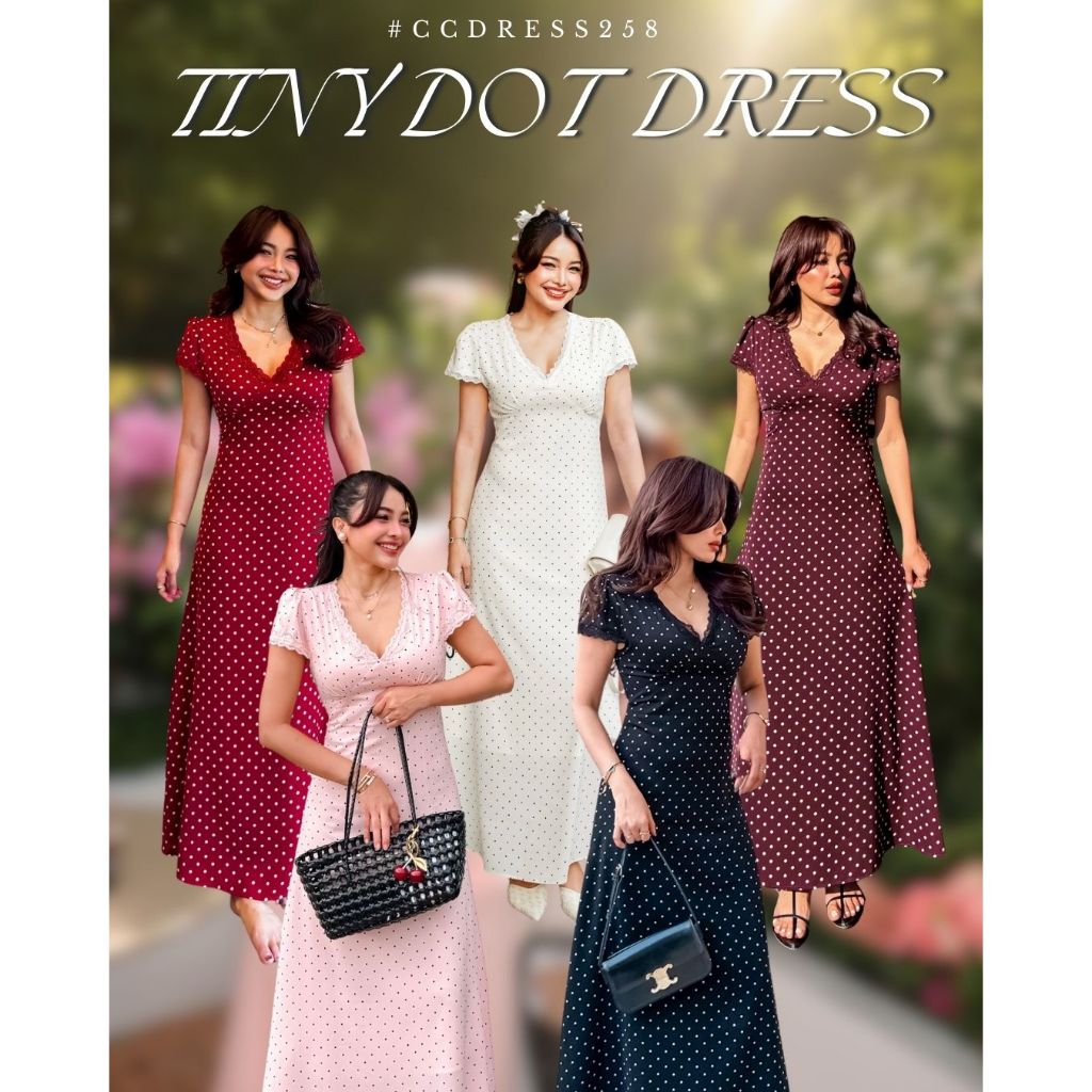 Chuuclothing Tiny dot dress[พร้อมส่งดำ ครีม ชมพู แดง] เก็บโค้ดหน้ากิจกรร