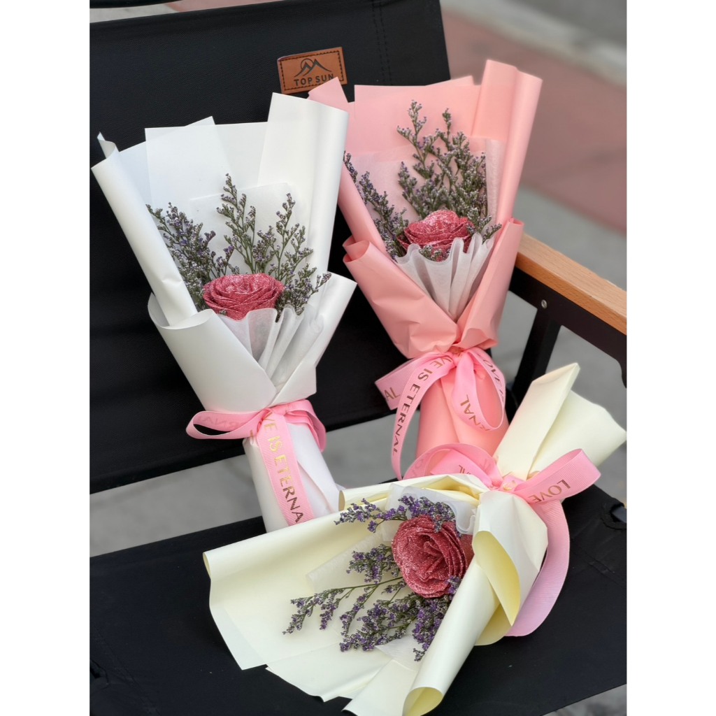 [ สินค้าพร้อมจัดส่งด่วน ] ช่อกุหลาบกลิตเตอร์ ชมพู 1 ดอก ดอกไม้ประดิษฐ์