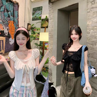 STR พร้อมส่ง🍦💗เสื้อแขนตุ๊กตา ดีเทลมีลูกไม้ด้านใน เสื้อปาดไหล่ทรงครอปเเขนสั้นผ้าเรอยนแต่งเชื่อกผูกโบว์ Y2Kสไตล์เซ็กซี่