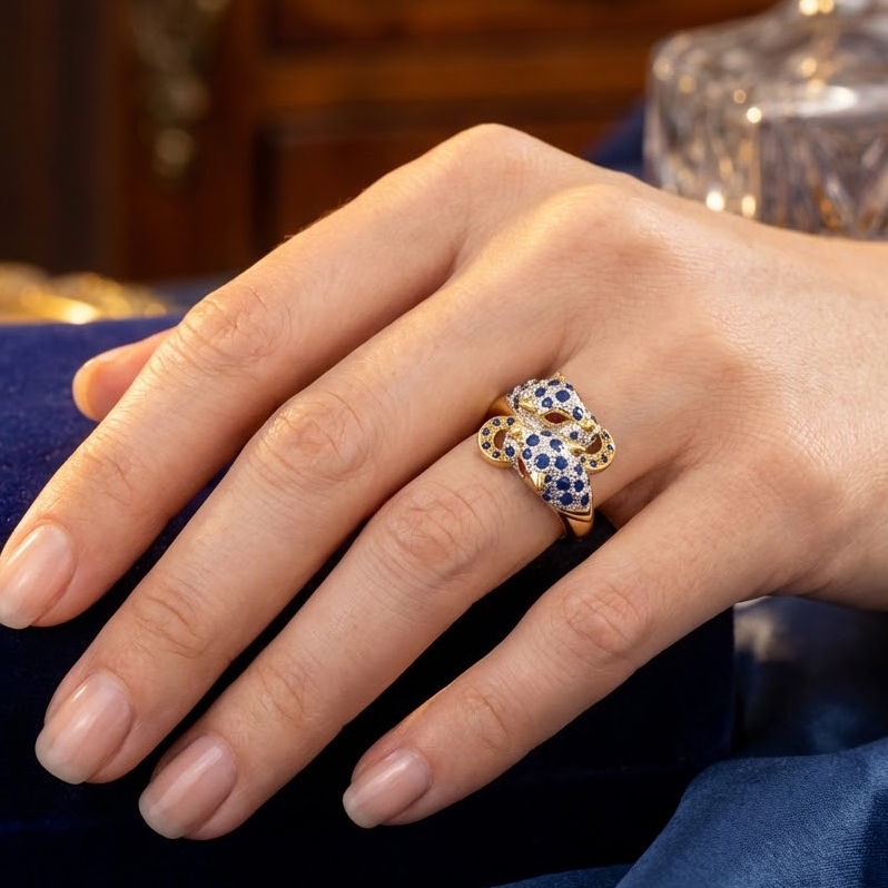 แหวนเสือคู่ประดับพลอยไพลินบางกะจะจันทบุรี(BLUE SAPPHIRE) ตัวเรือนเงินแท้ 92.5% ชุบทอง ไซส์นิ้ว 55 หรือ เบอร์ 7 US