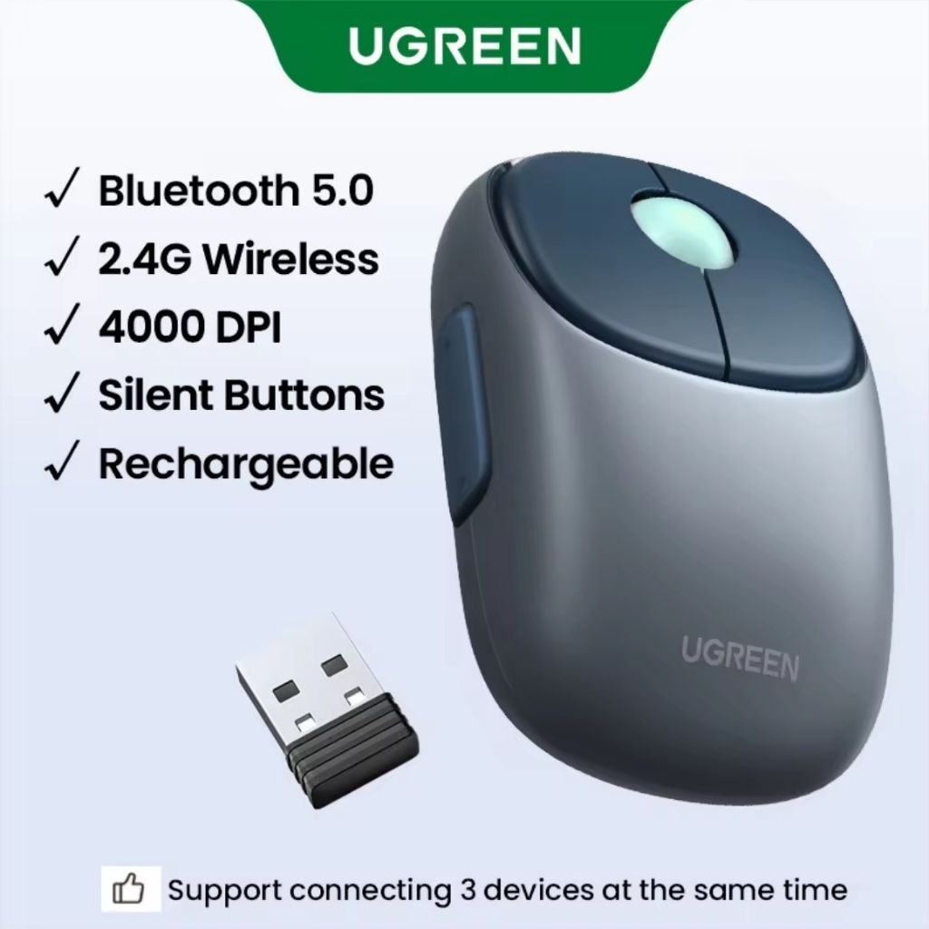 ของแท้💯 UGREEN Bluetooth Mouse Rechargeable 2.4G Wireless Ergonomic 4000 DPI Silent For MacBook Tablet Laptop