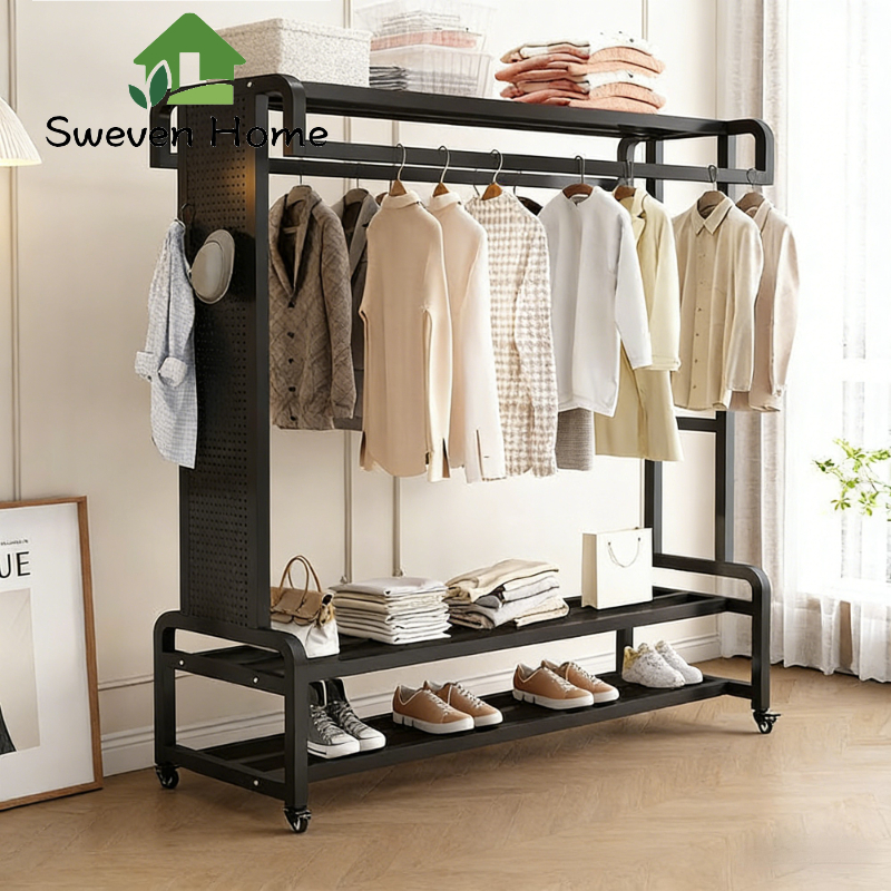 Sweven Home ราวตากผ้า ราวแขวนผ้า ที่ตากผ้า ราว พร้อมชั้นวางของ ความจุขนาดใหญ่ สไตล์มินิมอล แข็งแรง ติดตั้งง่าย