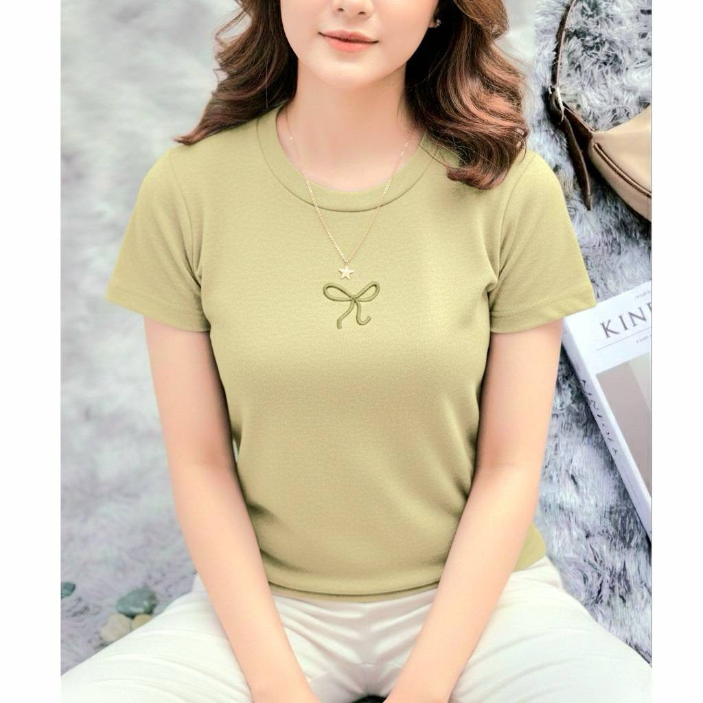 เสื้อยืดคอกลม ปักโบว์