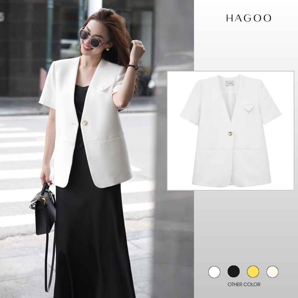 HAGOO เบลเซอร์แขนสั้น ดีไซน์เรียบหรู ใส่ง่าย ลุคสุภาพทันสมัย [B677]
