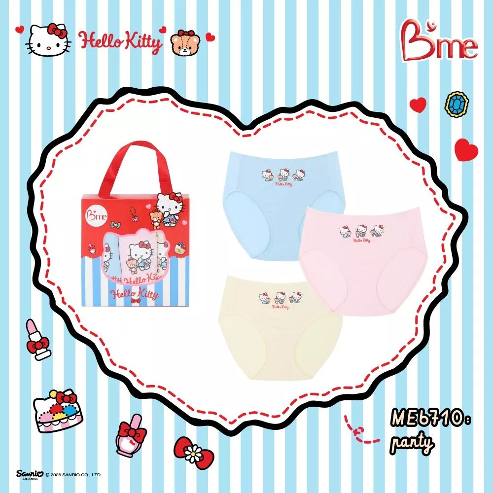 B'me กางเกงในเอวกลาง รุ่น ME6710(Hello Kitty)แพ็ก3ตัว คละสี สีชมพูพาสเทล ม่วง กรม,ชมพูอ่อน ฟ้า ครีม ME1514 ME1709 ME1710