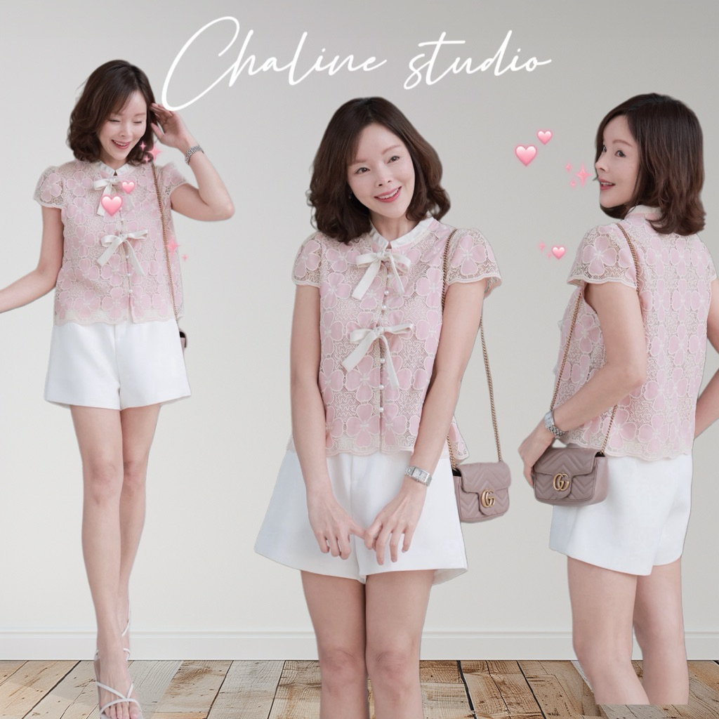 [ส่งเร็ว] Chaline เสื้อแขนสั้นผ้าลูกไม้คอตตอนซิลล์ ด้านหน้าแต่งโบ