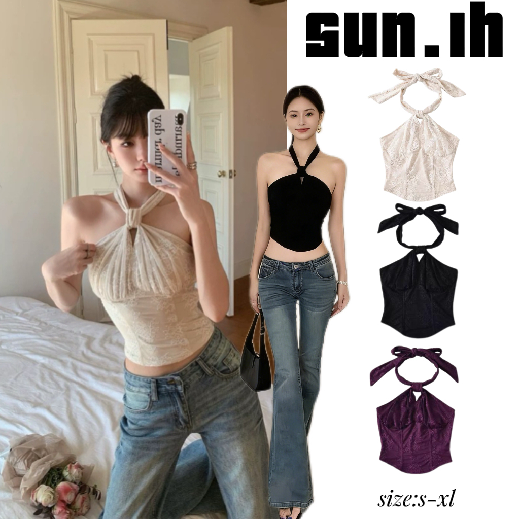 SUN🛍️พร้อมส่ง🛍️เสื้อกั๊กผ้าลูกไม้สีขาวทรงก้างปลาแบบผูกคอ ดีไซน์หรูหรา เซ็กซี่ และเย้ายวนใจ สำหรับผู้หญิง สวมใส่เป็นเสื้อ