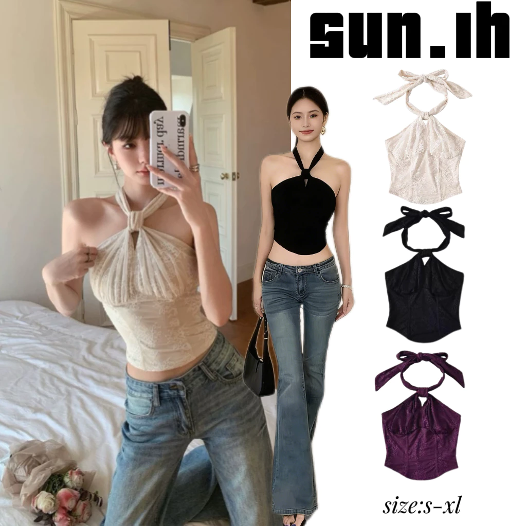 SUN🛍️พร้อมส่ง🛍️เสื้อกั๊กผ้าลูกไม้สีขาวทรงก้างปลาแบบผูกคอ ดีไซน์หรูหรา เซ็กซี่ และเย้ายวนใจ สำหรับผู้หญิง สวมใส่เป็นเสื้อ