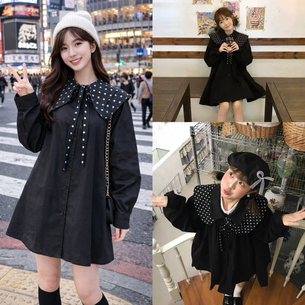 🖤เดรสสีดำ🖤ปกจุดขาว Polkadot ปกถอดได้​มีกระเป๋าข้าง
