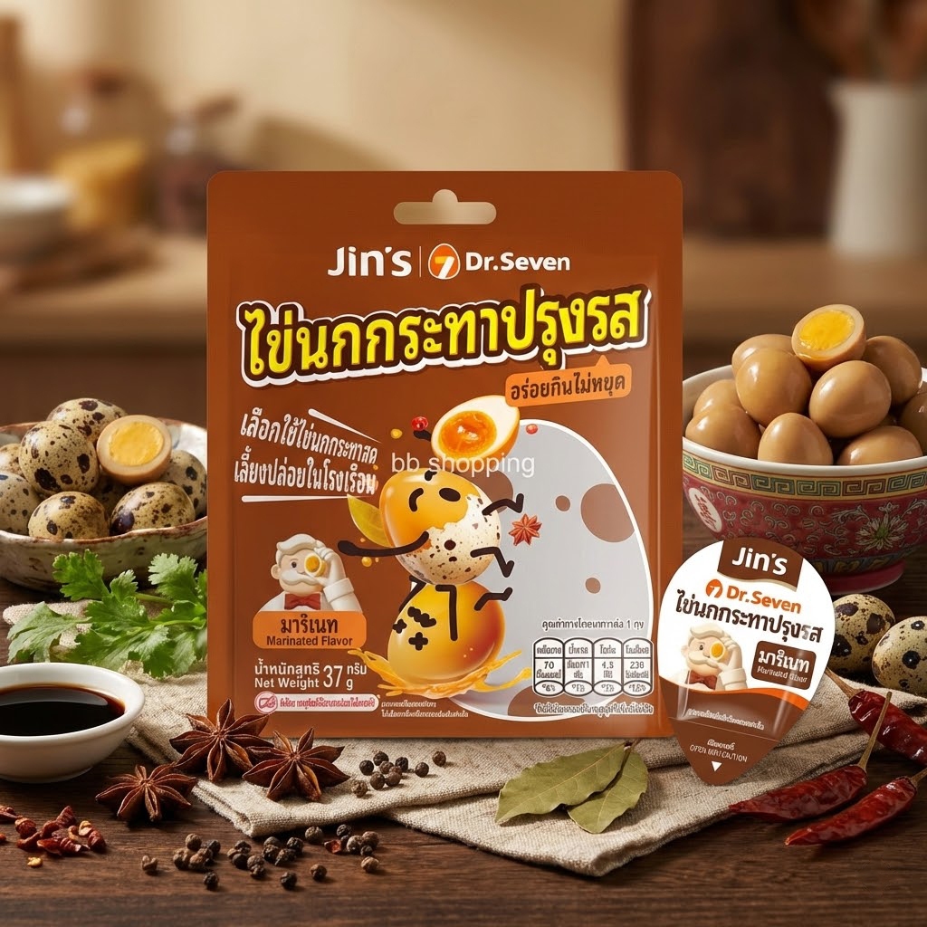 จิ้นส์ ไข่นกกระทาปรุงรส Jin's Seasoned Quail Eggs ไข่นกกระทาต้มซีอิ๊ว ขนมทานเล่น (37 กรัม) (แพ็ก 6 ชิ้น)