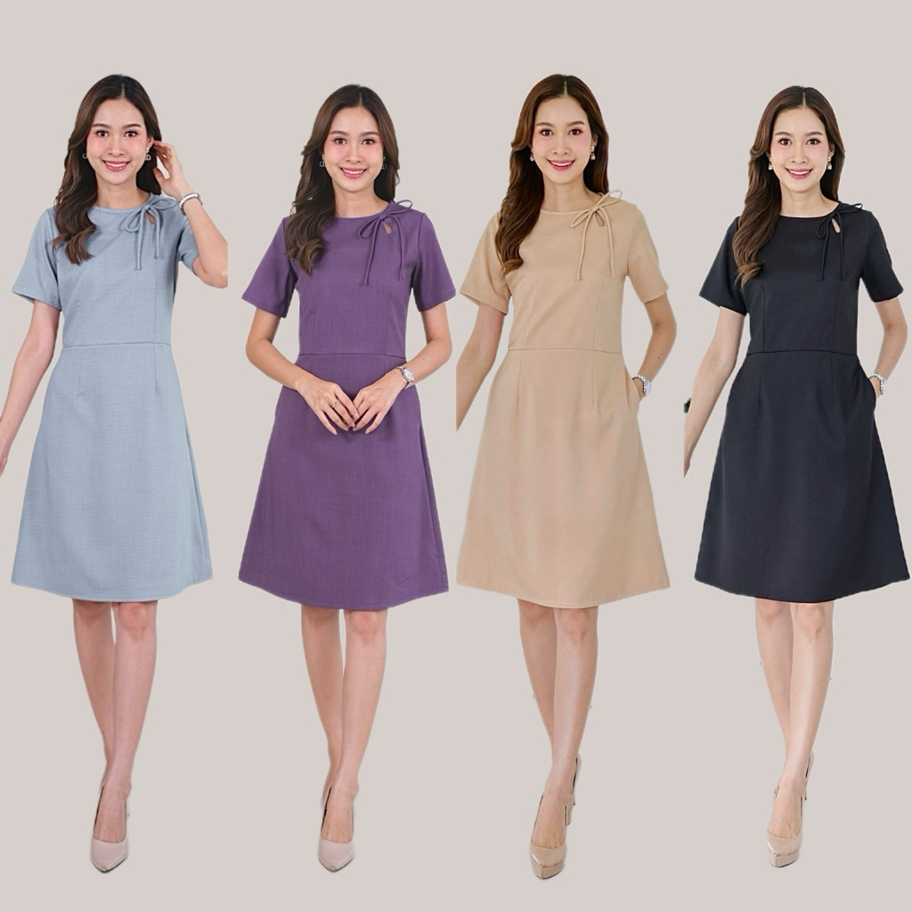 เดรสทำงาน สุภาพ ทรงเอ 3สี กากี ดำ และสีม่วง