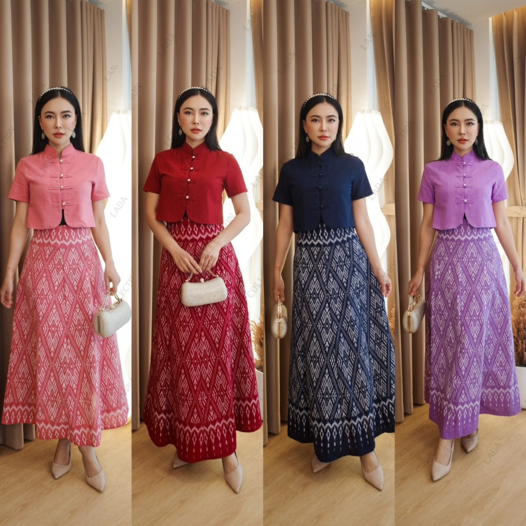 เซ็ทลายแมงมุมเสื้อคอจีนกระดุมมุกและกระโปรงทรง8ชิ้น มี4 สี(ผ้าฝ้ายพิมพ์ลาย)